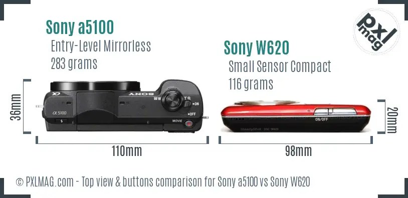 Sony a5100 vs Sony W620 top view buttons comparison