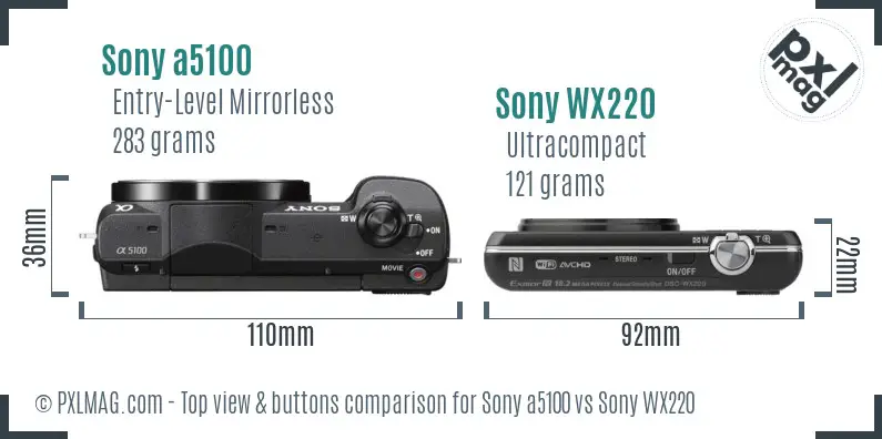 Sony a5100 vs Sony WX220 top view buttons comparison