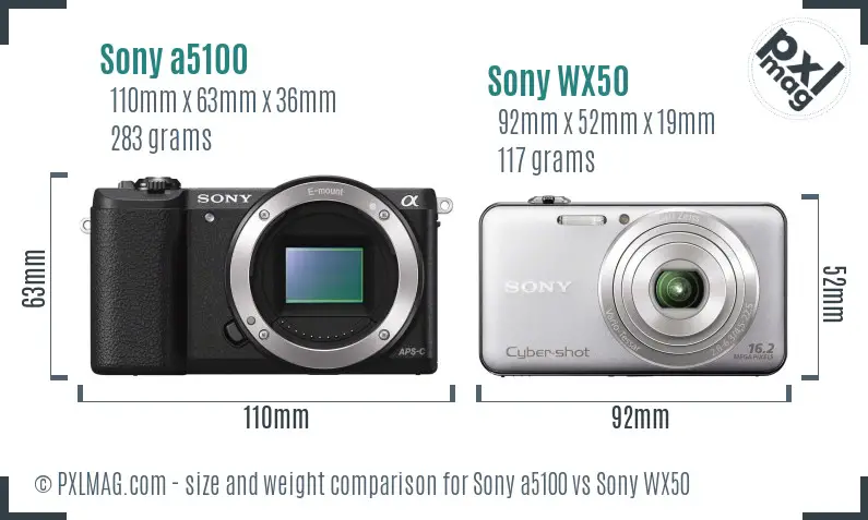 Sony a5100 vs Sony WX50 size comparison