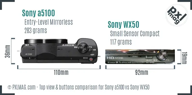 Sony a5100 vs Sony WX50 top view buttons comparison