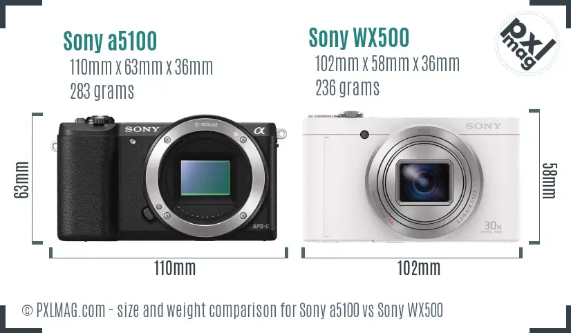 Sony a5100 vs Sony WX500 size comparison