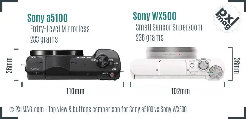 Sony a5100 vs Sony WX500 top view buttons comparison