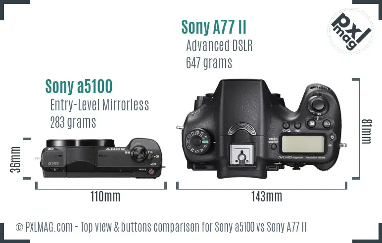 Sony a5100 vs Sony A77 II top view buttons comparison
