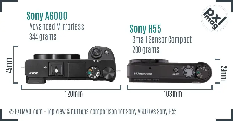 Sony A6000 vs Sony H55 top view buttons comparison