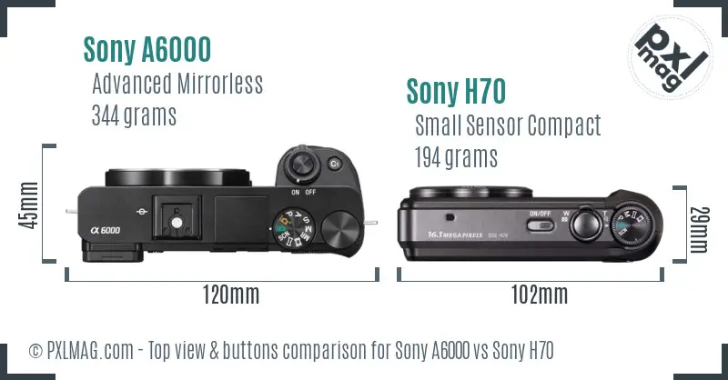 Sony A6000 vs Sony H70 top view buttons comparison Sony A6000 vs Sony H70 top view buttons comparison