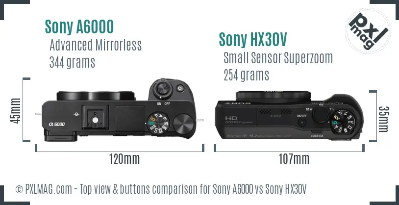 Sony A6000 vs Sony HX30V top view buttons comparison