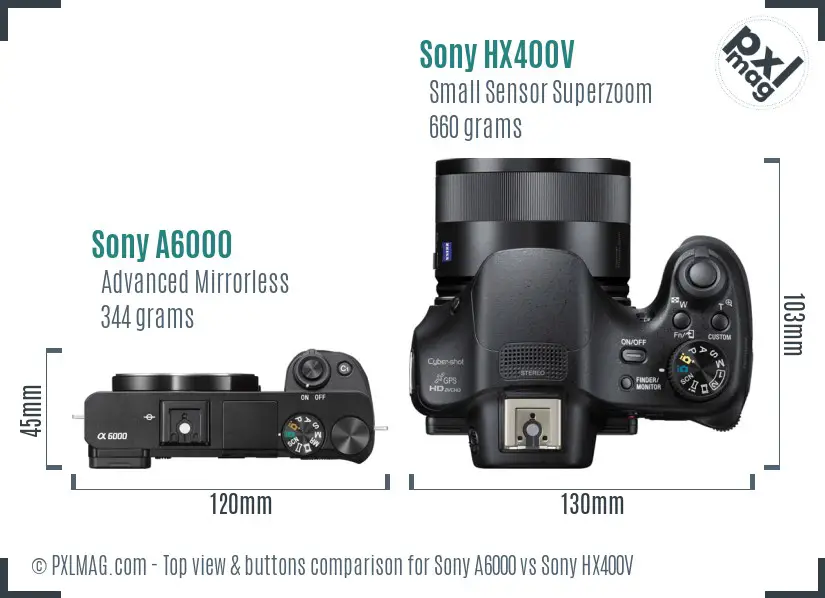 Sony A6000 vs Sony HX400V top view buttons comparison Sony A6000 vs Sony HX400V top view buttons comparison