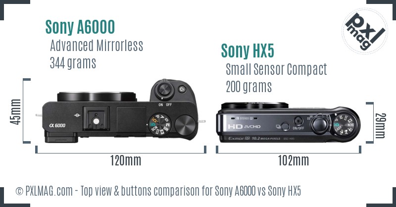 Sony A6000 vs Sony HX5 top view buttons comparison