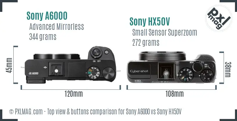 Sony A6000 vs Sony HX50V top view buttons comparison
