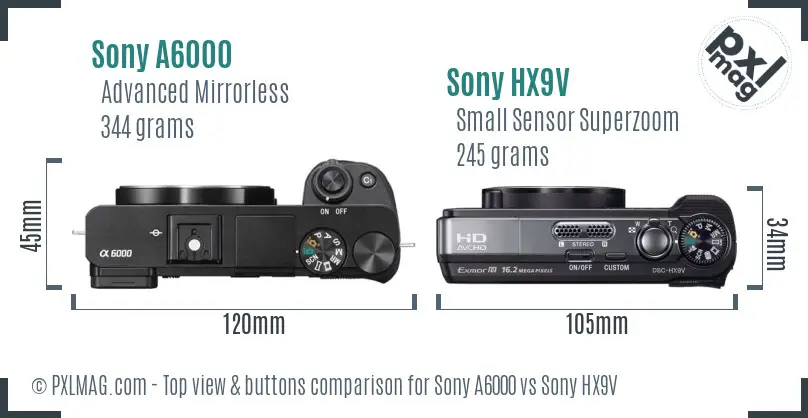 Sony A6000 vs Sony HX9V top view buttons comparison