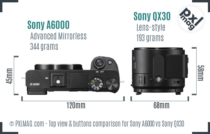 Sony A6000 vs Sony QX30 top view buttons comparison