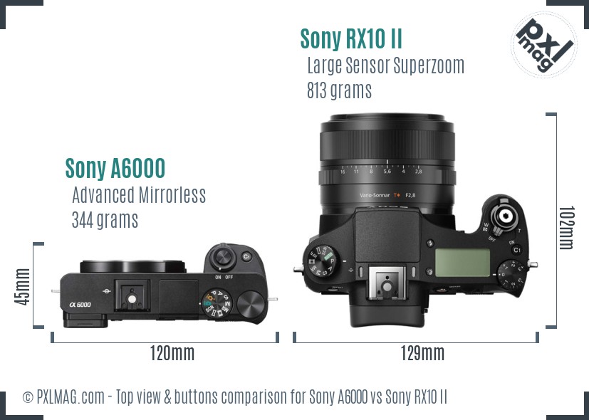 Sony A6000 vs Sony RX10 II top view buttons comparison