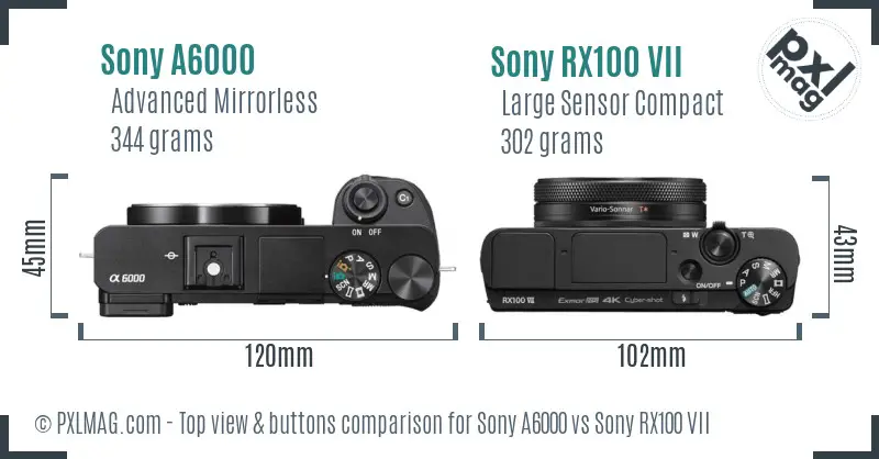 Sony A6000 vs Sony RX100 VII top view buttons comparison