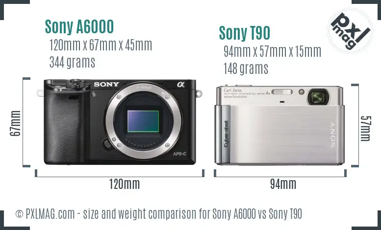 Sony A6000 vs Sony T90 size comparison