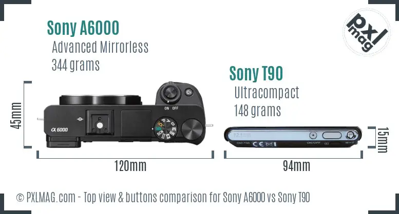 Sony A6000 vs Sony T90 top view buttons comparison