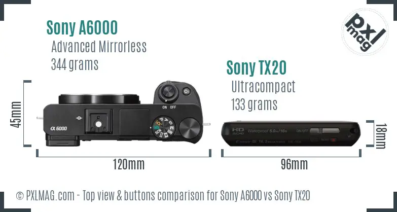 Sony A6000 vs Sony TX20 top view buttons comparison