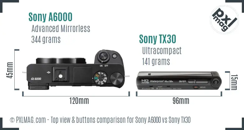 Sony A6000 vs Sony TX30 top view buttons comparison