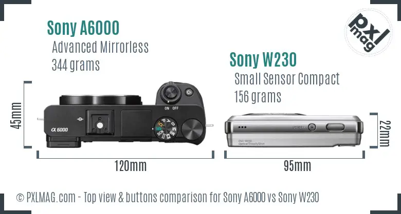 Sony A6000 vs Sony W230 top view buttons comparison