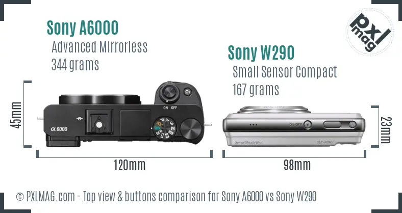Sony A6000 vs Sony W290 top view buttons comparison
