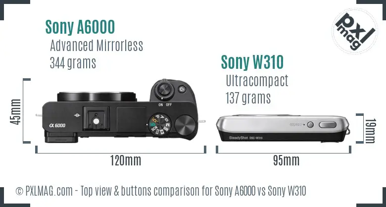 Sony A6000 vs Sony W310 top view buttons comparison