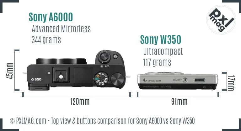 Sony A6000 vs Sony W350 top view buttons comparison