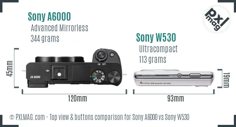 Sony A6000 vs Sony W530 top view buttons comparison