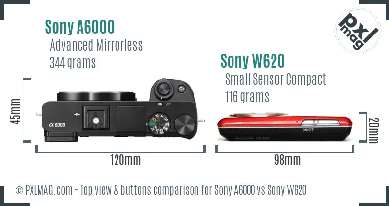 Sony A6000 vs Sony W620 top view buttons comparison