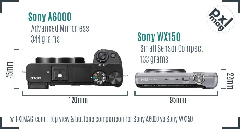 Sony A6000 vs Sony WX150 top view buttons comparison Sony A6000 vs Sony WX150 top view buttons comparison