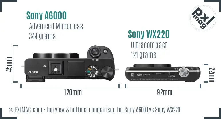 Sony A6000 vs Sony WX220 top view buttons comparison