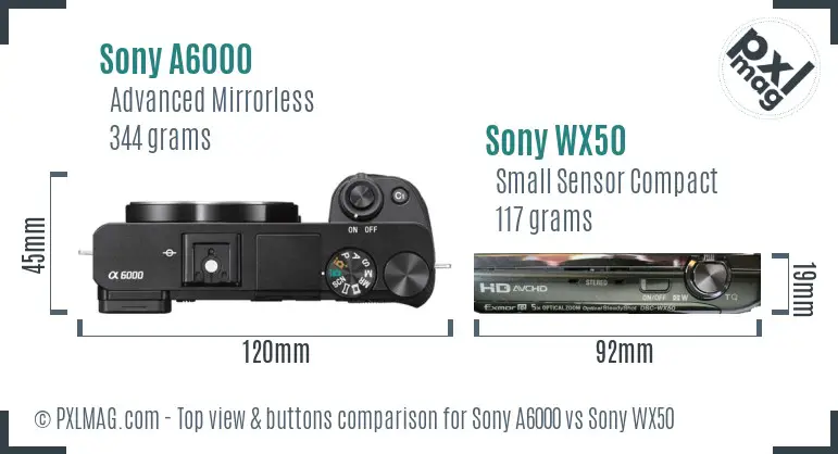 Sony A6000 vs Sony WX50 top view buttons comparison