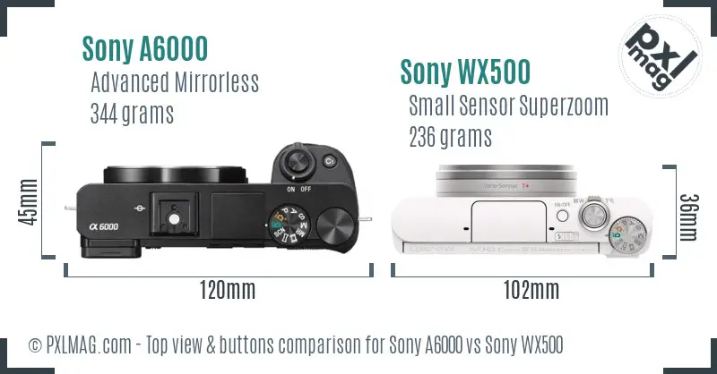 Sony A6000 vs Sony WX500 top view buttons comparison