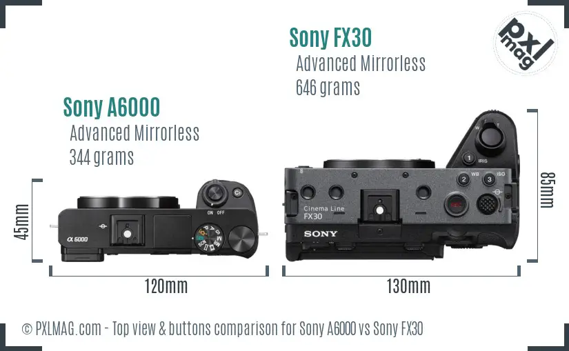 Sony A6000 vs Sony FX30 top view buttons comparison