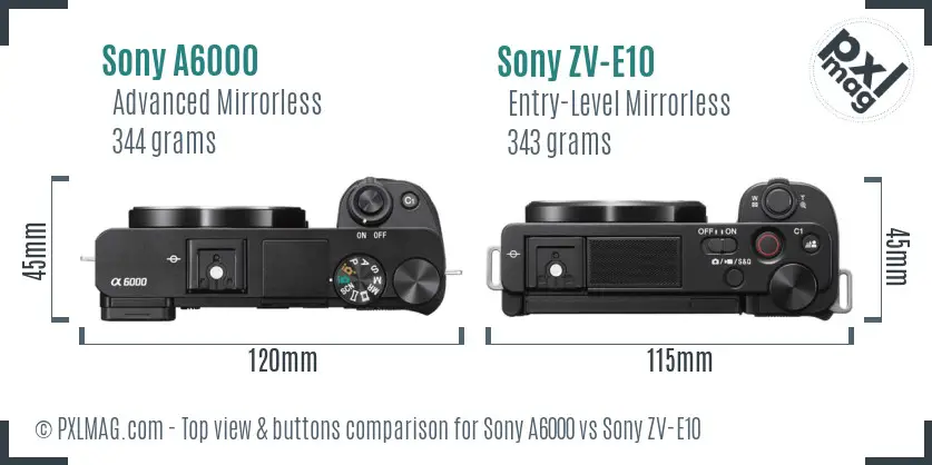 Sony A6000 vs Sony ZV-E10 top view buttons comparison