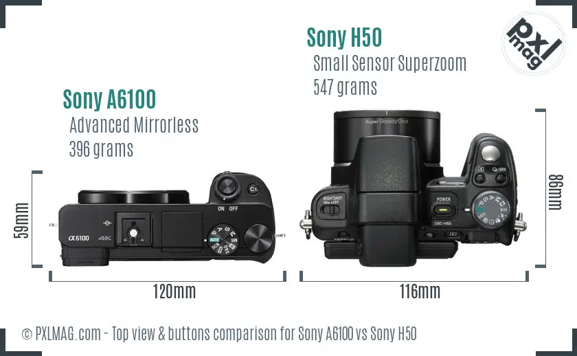 Sony A6100 vs Sony H50 top view buttons comparison
