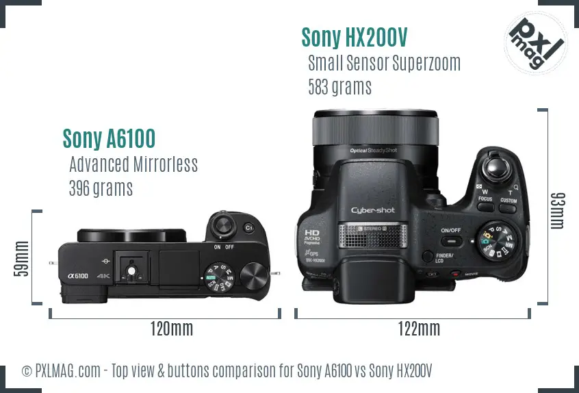 Sony A6100 vs Sony HX200V top view buttons comparison