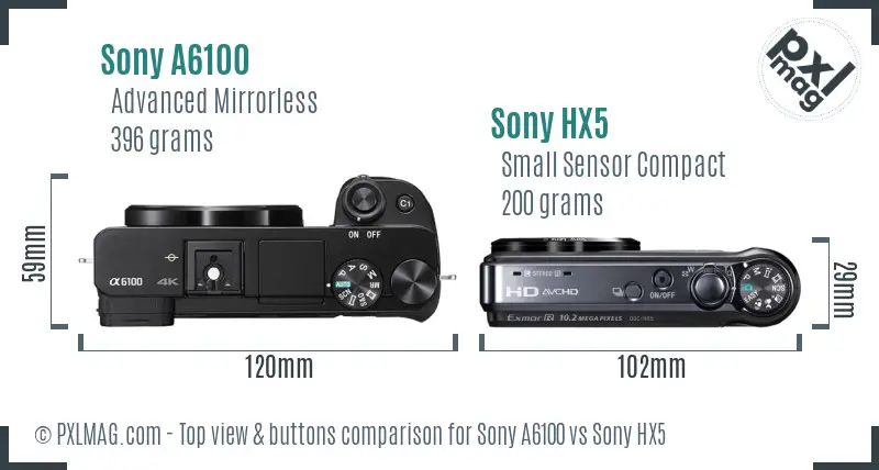Sony A6100 vs Sony HX5 top view buttons comparison