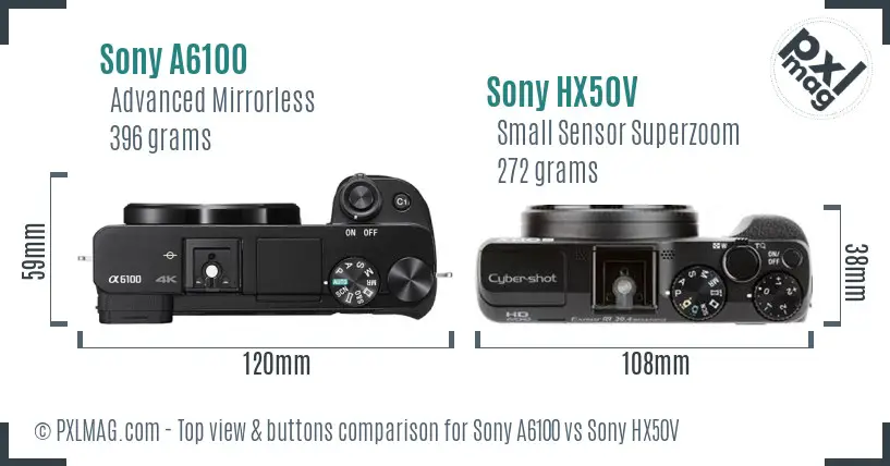 Sony A6100 vs Sony HX50V top view buttons comparison