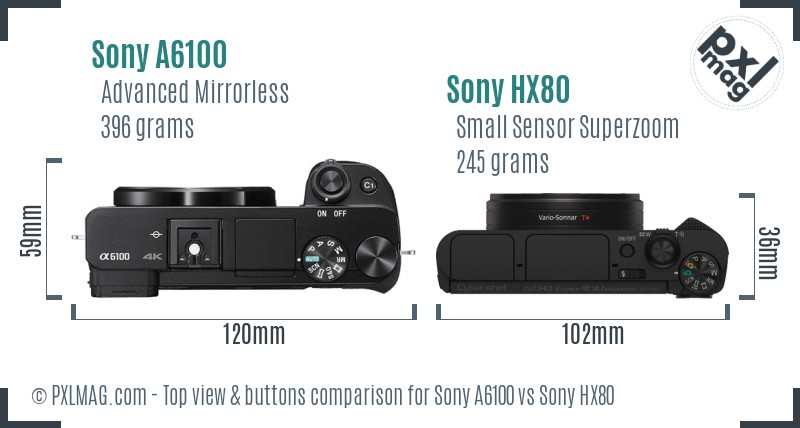 Sony A6100 vs Sony HX80 top view buttons comparison