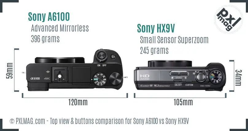 Sony A6100 vs Sony HX9V top view buttons comparison