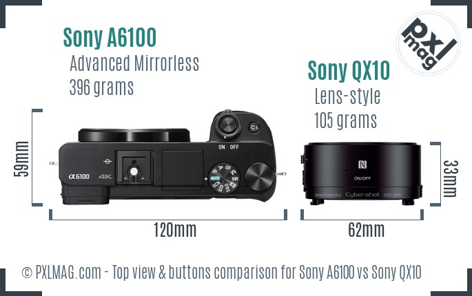 Sony A6100 vs Sony QX10 top view buttons comparison