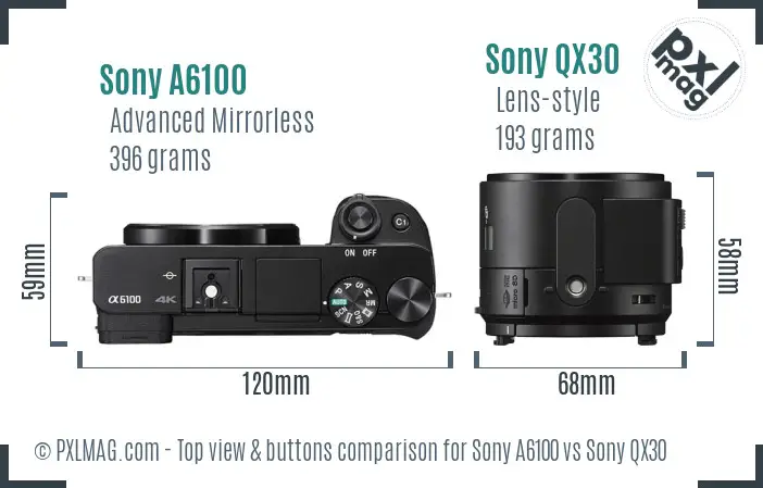 Sony A6100 vs Sony QX30 top view buttons comparison