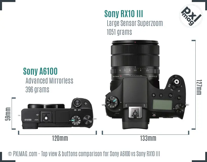 Sony A6100 vs Sony RX10 III top view buttons comparison