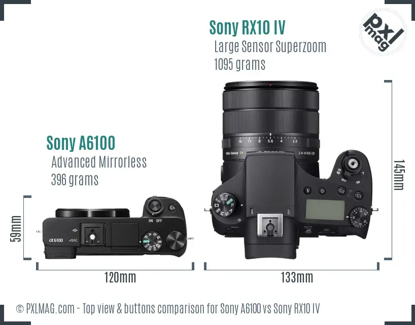 Sony A6100 vs Sony RX10 IV top view buttons comparison