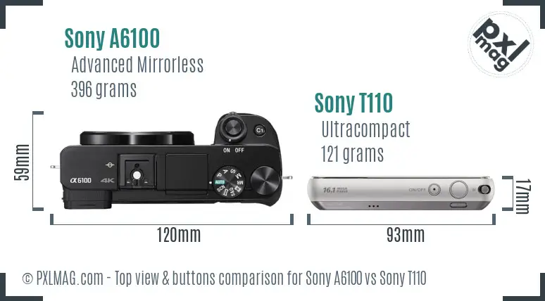 Sony A6100 vs Sony T110 top view buttons comparison