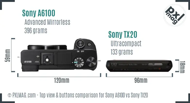 Sony A6100 vs Sony TX20 top view buttons comparison
