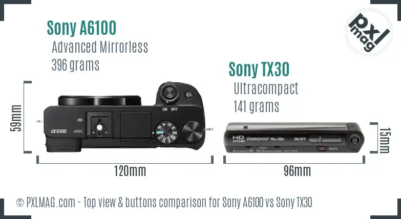 Sony A6100 vs Sony TX30 top view buttons comparison