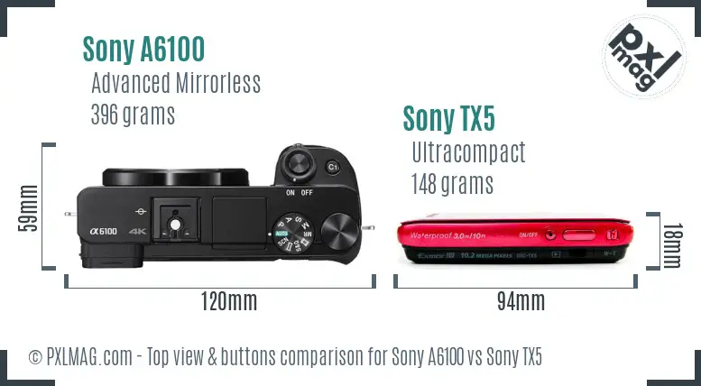 Sony A6100 vs Sony TX5 top view buttons comparison