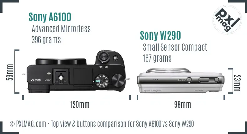 Sony A6100 vs Sony W290 top view buttons comparison