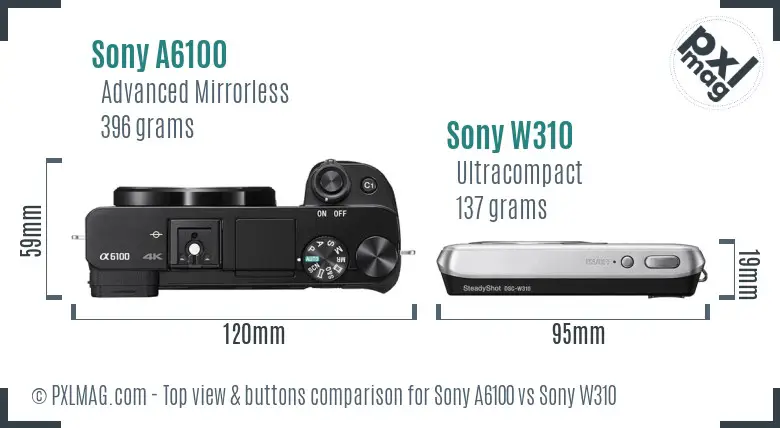 Sony A6100 vs Sony W310 top view buttons comparison