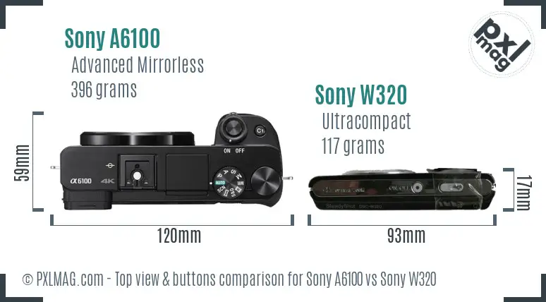 Sony A6100 vs Sony W320 top view buttons comparison